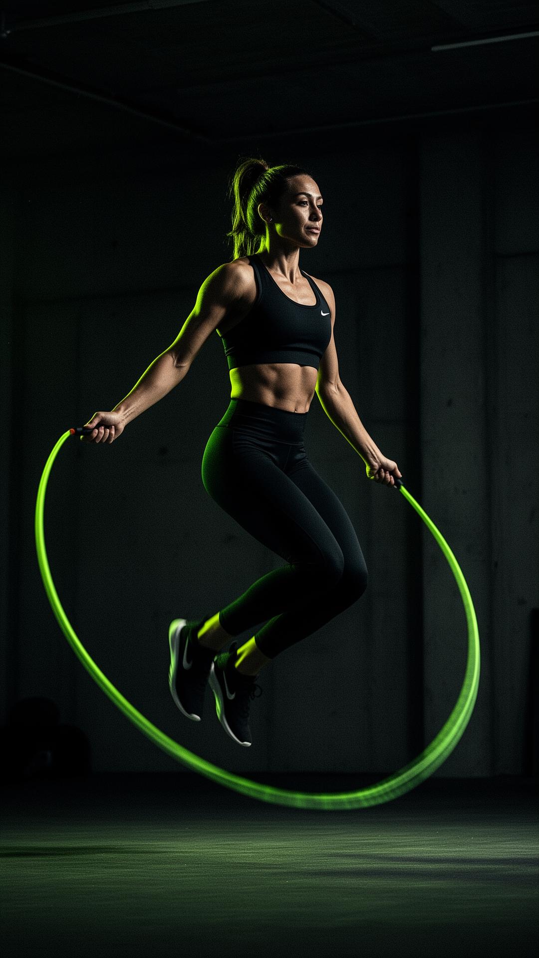 Elite athlete training with jump rope under neon green light